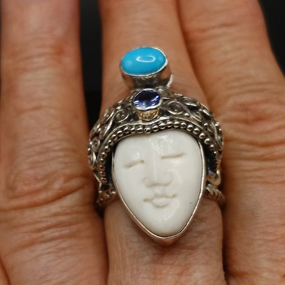 Sterling Silver Carved Bone Sleeping Beauty Turquoise & Tanzanite 1.00 ctw